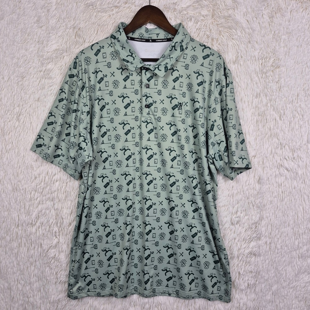 Hooey Cowboy Golf Polo Shirt Mens XXL Green Western Print Performance Stretch